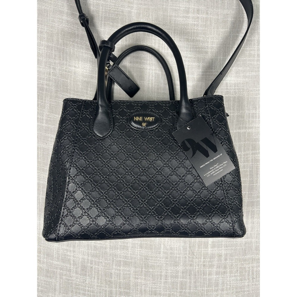 NINE WEST Adeline Satchel Crossbody Tote Handbag Embossed faux-leather Black NWT